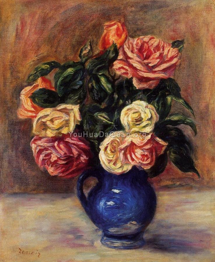 Roses in a Blue Vase - 皮埃尔·奥古斯特·雷诺阿